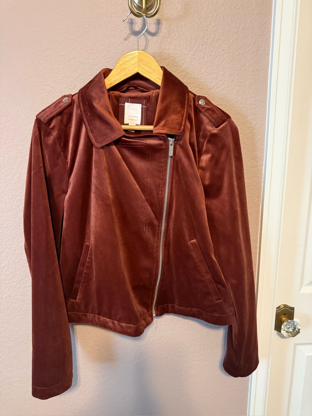 LC Lauren Conrad Rust Velvet Asymmetrical Zip Jacket